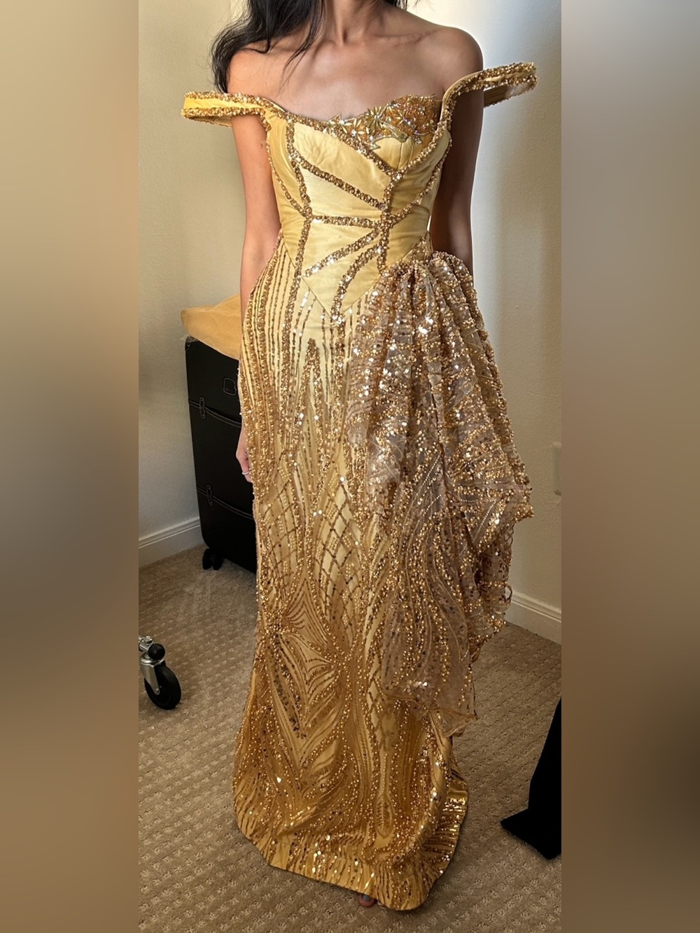 Custom Made Gold Embellished Off The Shoulder Corset Gown